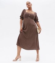 New Look Curves Brown Spot Button Front Midi Dress